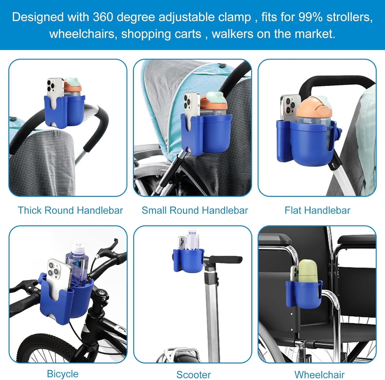Stroller Cup Holder with Phone Holder, Bike Cup Holder, Universal Cup Holder for Uppababy Nuna Doona Strollers, 2-in-1 Cup Phone Holder for Walker Wheelchair Scooter Accessory