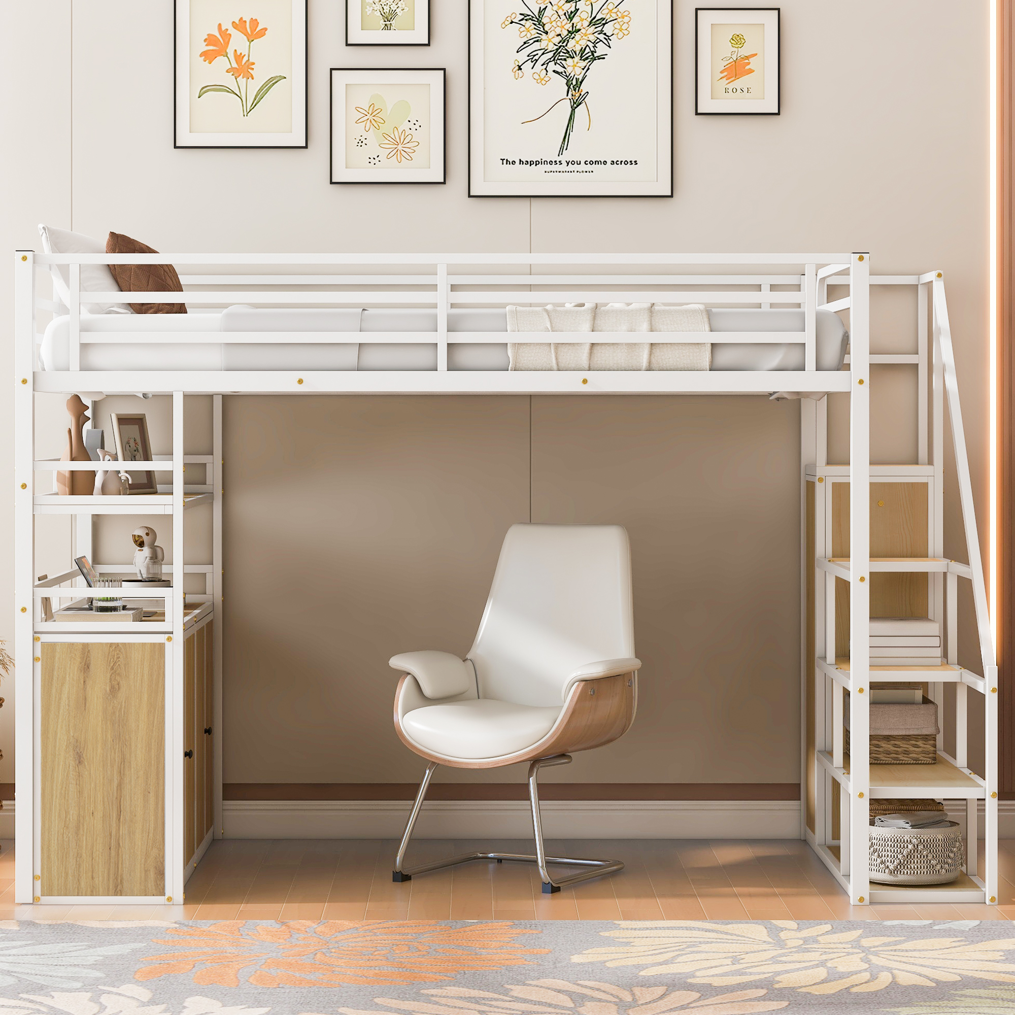 Euroco Metal Full Size Loft Bed with Desk and Wardrobe, Storage Staircase and Lockers for Kids Teens, White