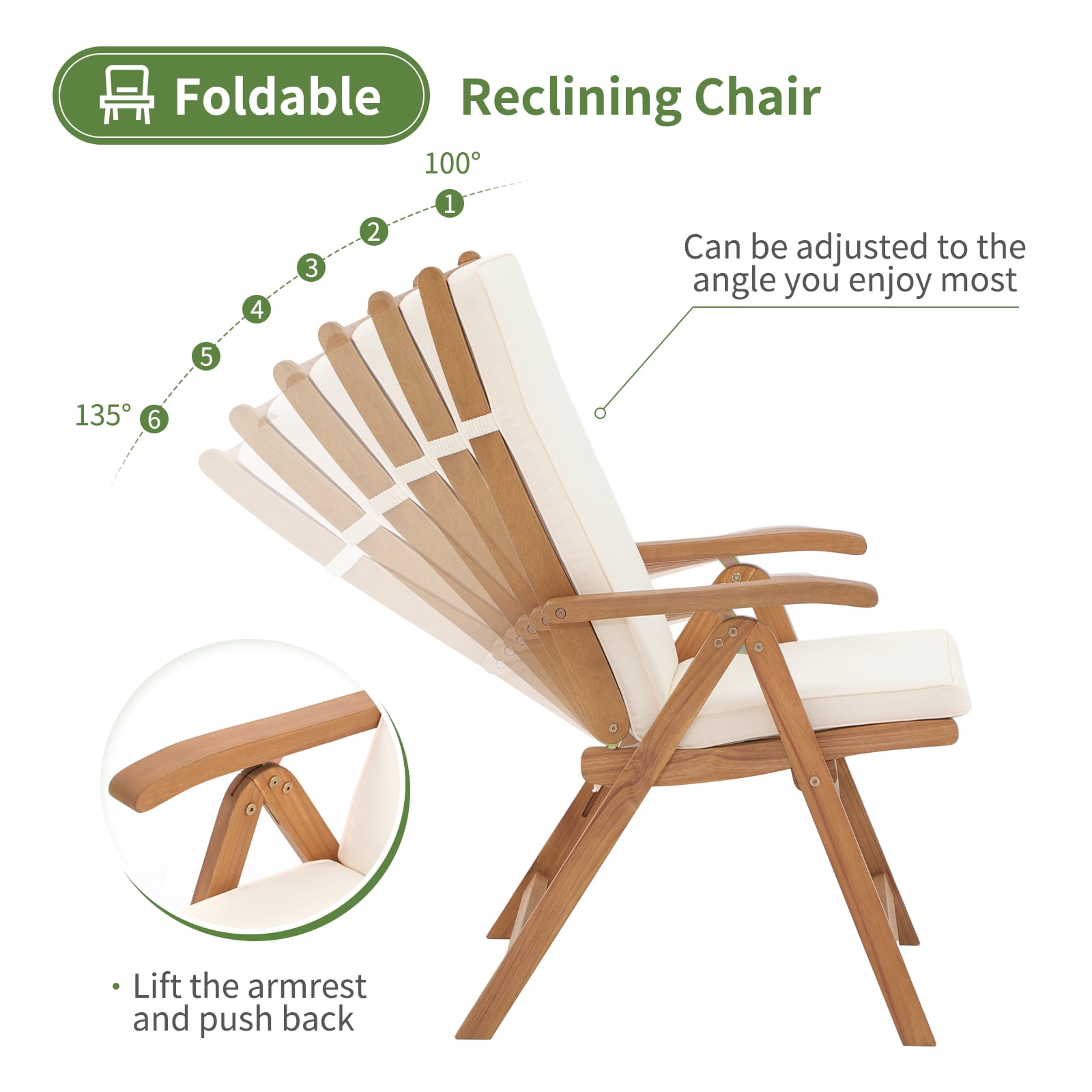 JOIVI Folding Patio Dining Chair Set of 2, Outdoor Acacia Wooden Reclining Chair w/Armrest & Removeable Cushion, FSC Certified Wood, for Porch, Backyard, Garden, Indoor, No Assembly