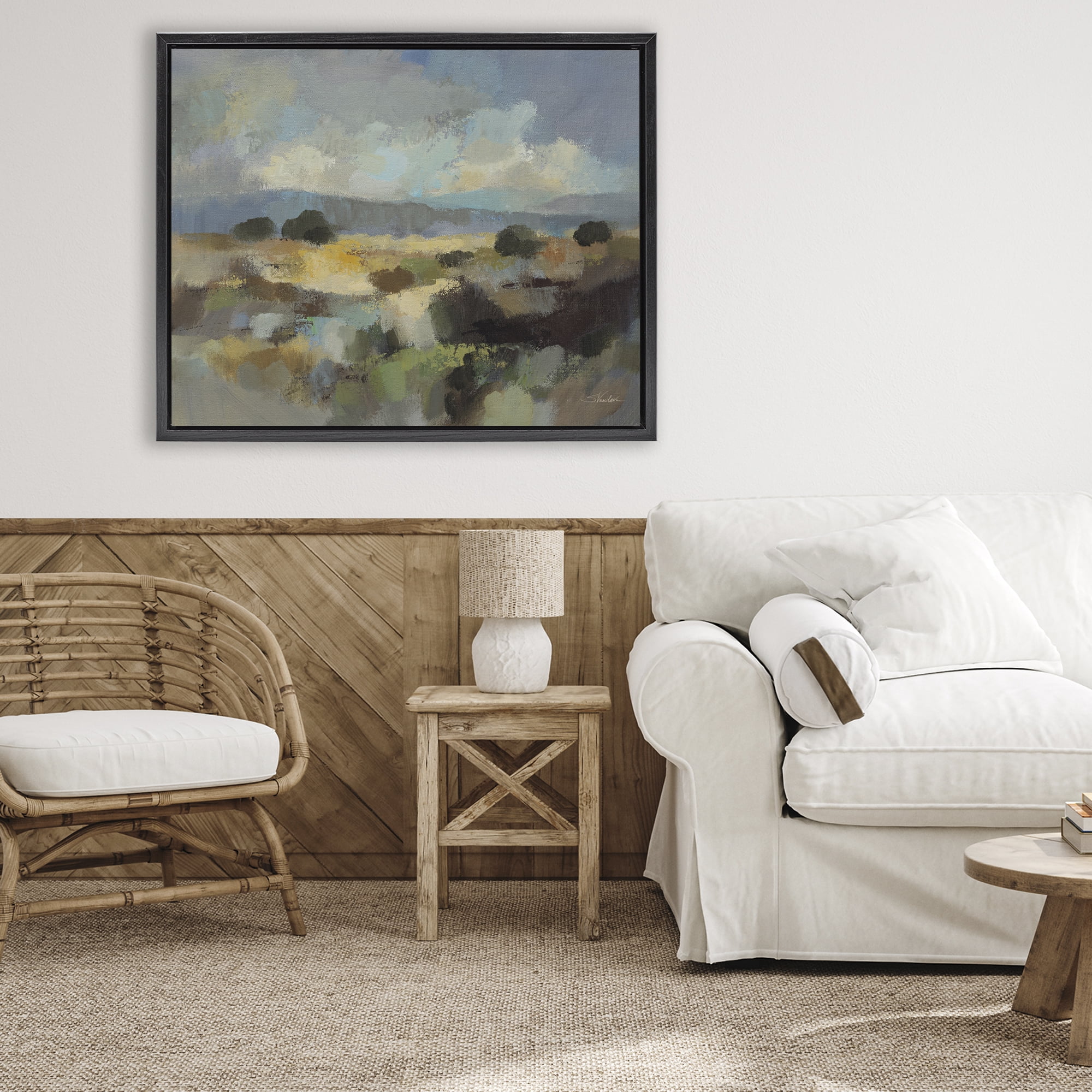 Stupell Industries Muted Blue Landscape with Clouds Black Framed Floater Canvas Wall Art, design by Silvia Vassileva