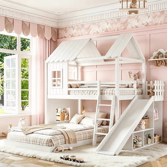 Bellemave Twin Over Full Bunk Bed with Slide and Storage Shelves, Wooden House-Shaped Bunk Beds with Wardrobe, L-Shape Floor Bunk Bed Frame with Inclined Ladder for Kids(White)