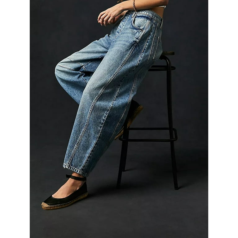 KelaJuan Women Fashion Loose Jeans Solid Color Mid-Rise Barrel Denim Pants  Spring Summer Casual Trousers Streetwear 