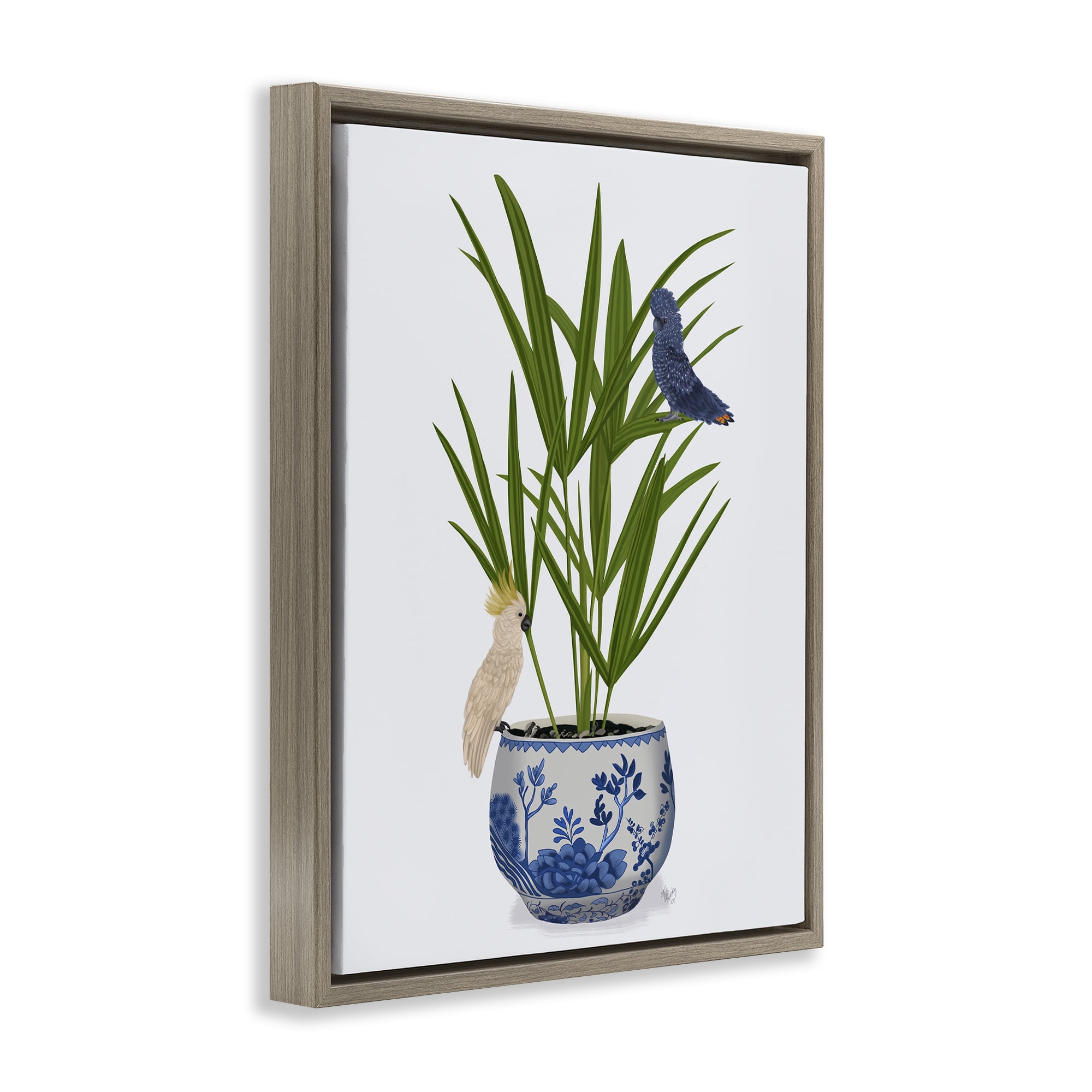 Stupell Industries Cockatiels on Planter Botanical & Floral Painting Brown Floater Framed Canvas Art Print Wall Art, 17 x 21