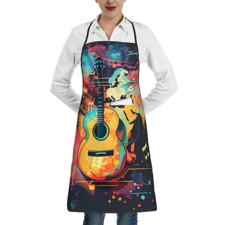 

Pofeuu World Map Guitar Illustration Print Aprons with Pockets Cute Aprons for Kitchen Cooking Server Barber Chef Apron