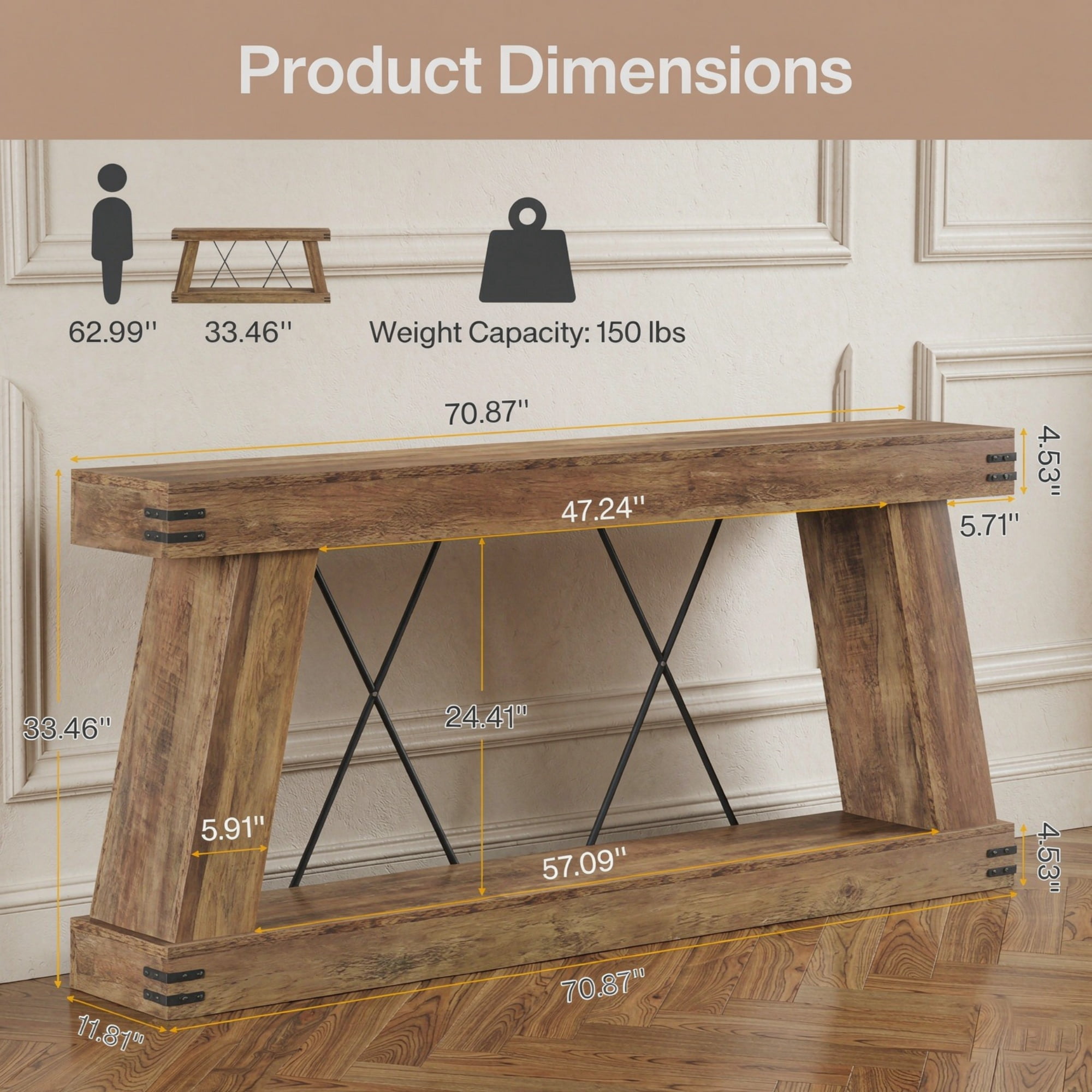 Farmhouse Console Table 70.9 in – Sturdy Base Entryway & Sofa Table