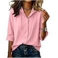 thumbnail image 3 of Miqool Cotton Linen Hoodies for Women Button Down Short Sleeve Collared Drawstring Flowy Tops Beach Vacation Outfits, 3 of 6