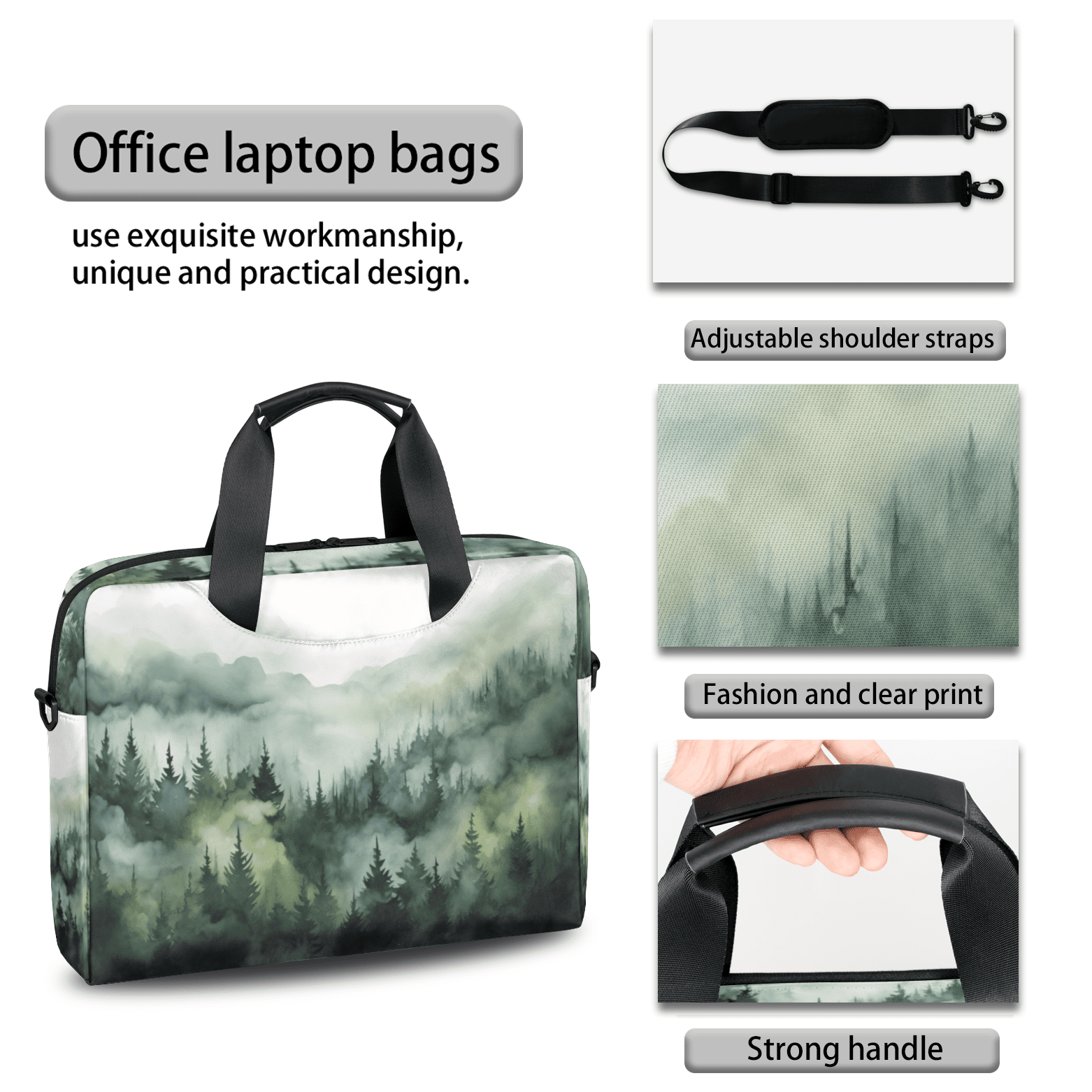 Herdesigns Green Misty Forest Laptop Bag for Women Men, Computer Case Briefcase Messenger Bags, 15-15.6 inch Laptop Sleeve Shoulder Bag