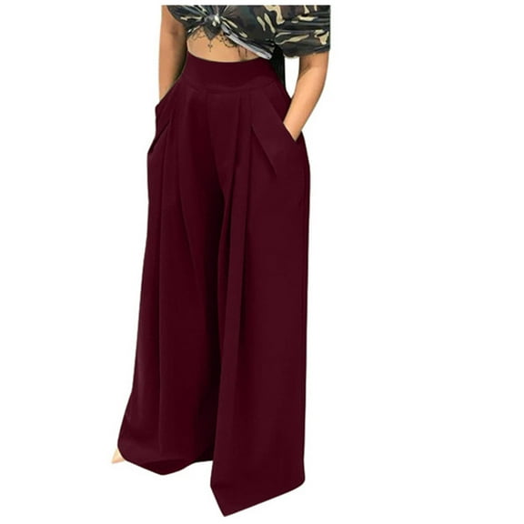 YYDGH High Waisted Wide Leg Pants for Women Casual Flowy Long Loose Fit Palazzo Lounge Pants with Pockets Wine Red S