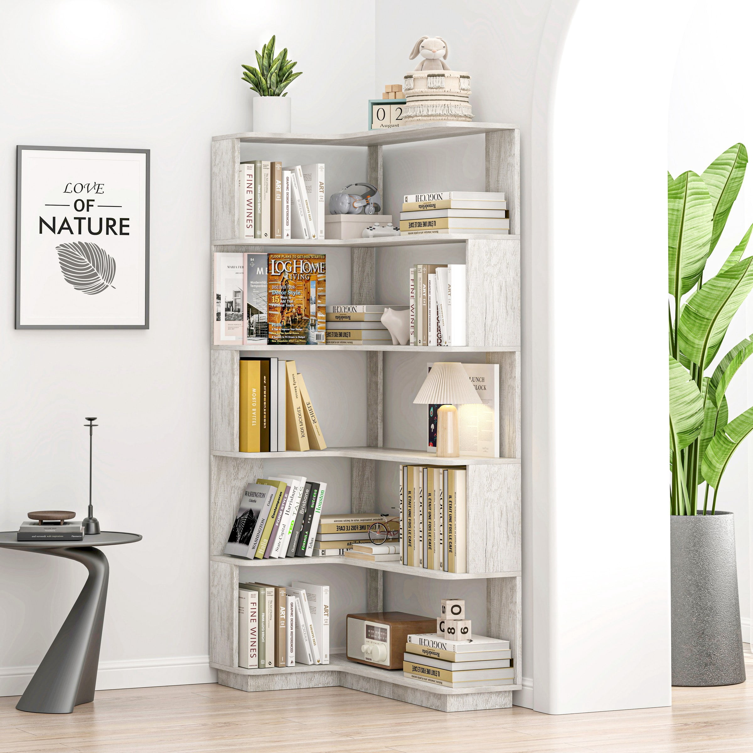 90cm (35.43") Extended Size 5-Tier Freestanding L-Shaped Corner Bookshelf For Living Room, Bedroom, Home Office Wooden Bookcase With Anti-Drop Panel And Anti Tipping Device