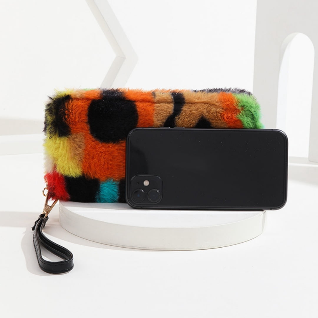 Colorful Abstract Print Fluffy Long Wallet Fuzzy Plush Wristlet Clutch Bag