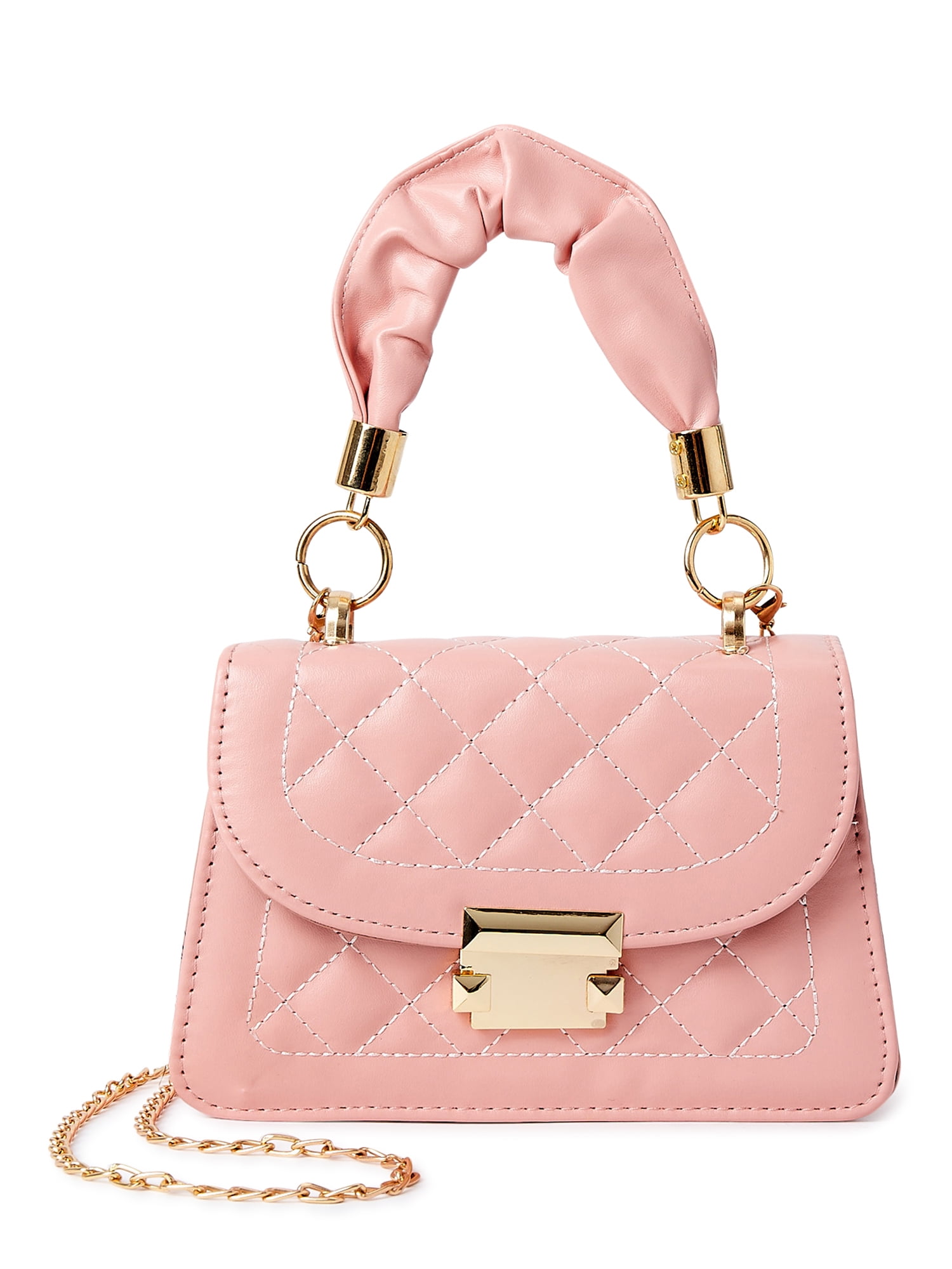 Jane & Berry Women's Mini Quilted Faux Leather Crossbody with Rouched Top Handle and Removable Chain Strap, Blush