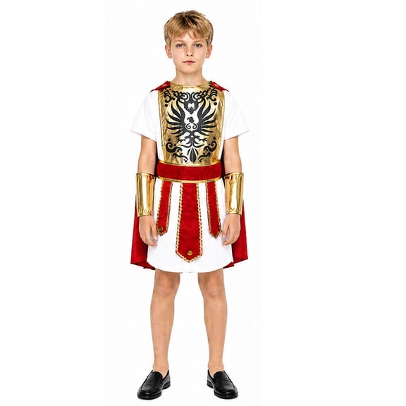 Roman Warrior Cosplay, Ancient Roman Warrior Costume Set, White Short Sleeve Tunic With Gold Eagle Armor Red Cape Wrist Guards, Roman Soldier Cosplay Outfit for Halloween Party, Red L