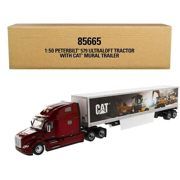 Diecast Masters 85665 Peterbilt 579 UltraLoft Truck Tractor Red with CAT Caterpillar Mural Dry Van Trailer Transport Series 1 by 50 Diecast Model Car