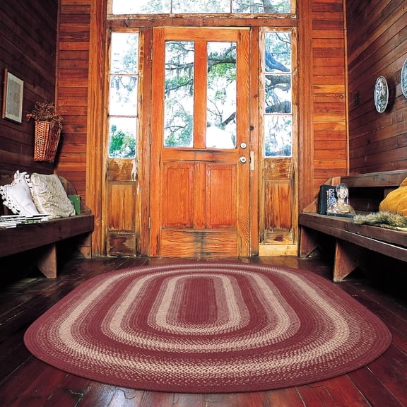 Autumn Maple Burgundy and Tan Oval Braided Rug, Jute, 6x9' - Rustic Primitive Decor for Bedroom, Living Room, Everywhere