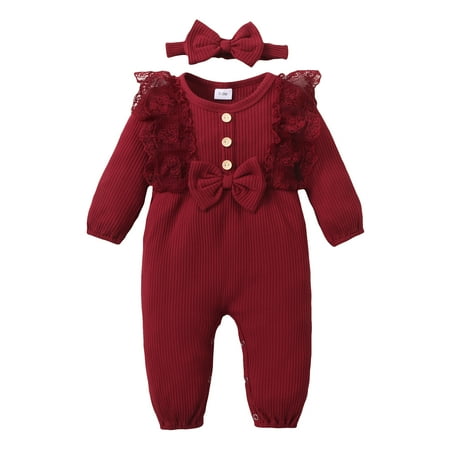 

Kucnuzki Infant Girl Clothes 6 Months Infant Girl Fall-Winter Bodysuit 12 Months Infant Girl Long Sleeve Solid Color Lace Layer Button Casual Bodysuit Headband 2PCS Set Red
