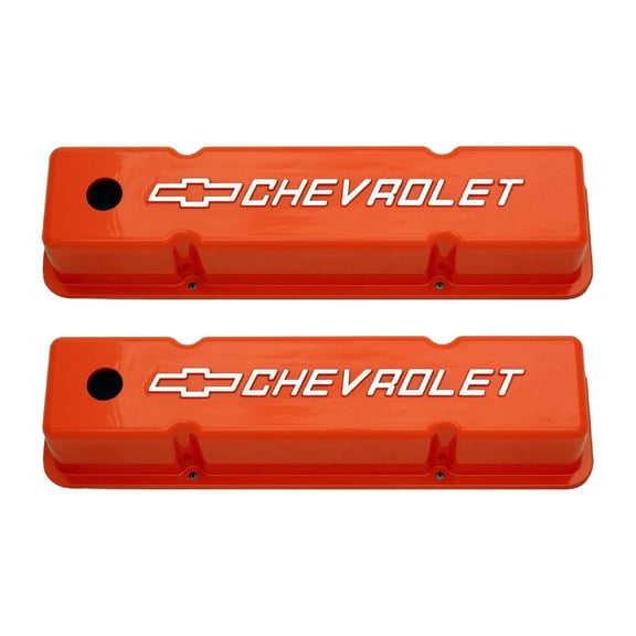 RPC R7618 SB Chevy Cast Aluminum Valve Covers w/ Chevy Logo - Orange