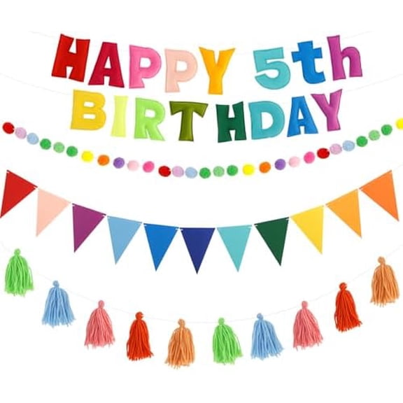 Rainbow 5th Birthday Decorations for Girls, Pre-Strung Felt Happy Birthday Banner, Felt Ball Garland & Fringle Flag, 5 Year Old Girl Party Decorations Supplies