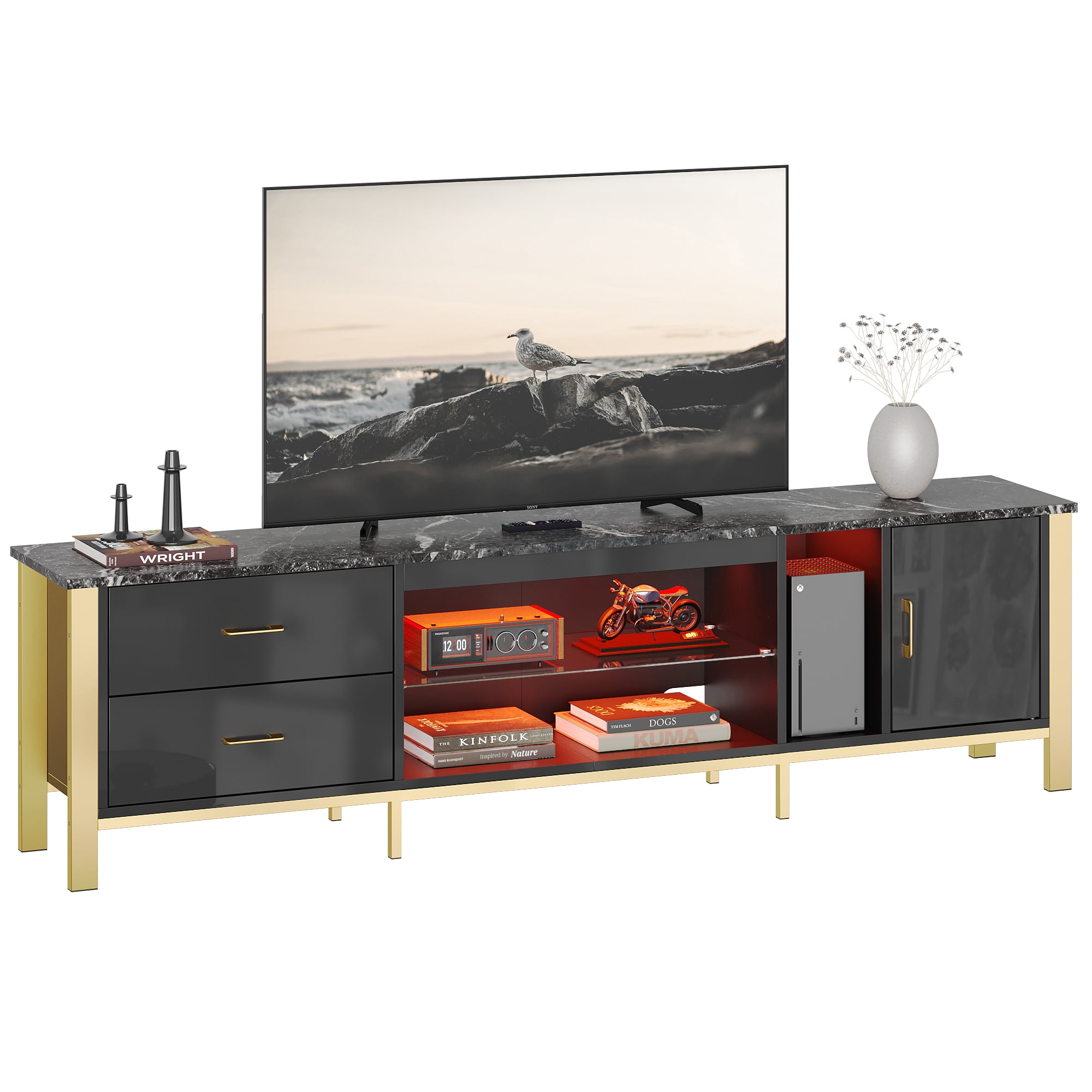 Bestier 80" Modern TV Stand LED Entertainment Center High Gloss Console Table for TVs up to 85" with Storage Cabinet and Drawers, Black