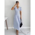 thumbnail image 3 of Blue And White Striped V-Neck Petal Sleeve Midi Dress For Women, 3 of 7