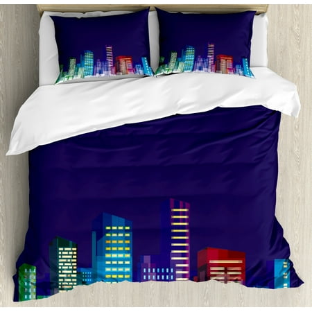 Kids Decor Queen Size Duvet Cover Set Cartoon Print Of City