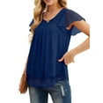 thumbnail image 3 of JWD women's short sleeved double-layer mesh pleated shirt summer fashion casual top Navy Blue-S, 3 of 6