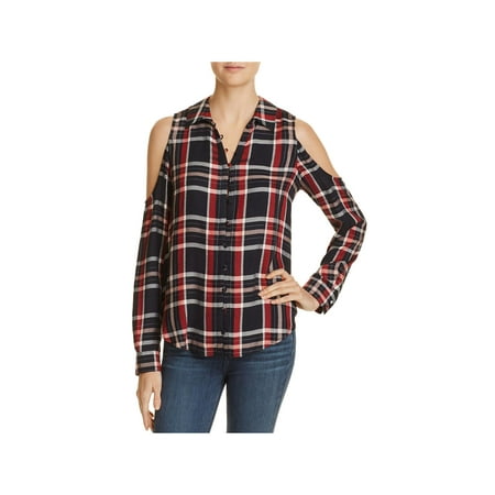 Paige Womens Cold Shoulder Flannel Button-Down Top Navy S