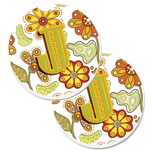 Lettre J Moutarde Florale & Vert Ensemble de 2 Tasses Porte-Voitures Coaster