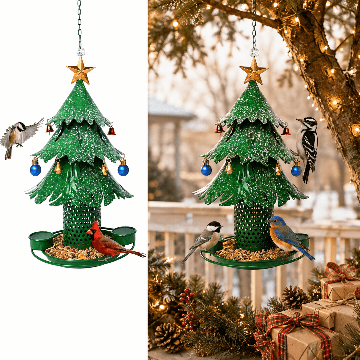 Christmas Tree Bird Feeder, Outdoor Hanging Wild Bird Feeder with Metal Christmas Tree Design, Decorative Bird Feeder for Tree Garden Patio Backyard, Cardinal Feeding Station and Christmas Decor
