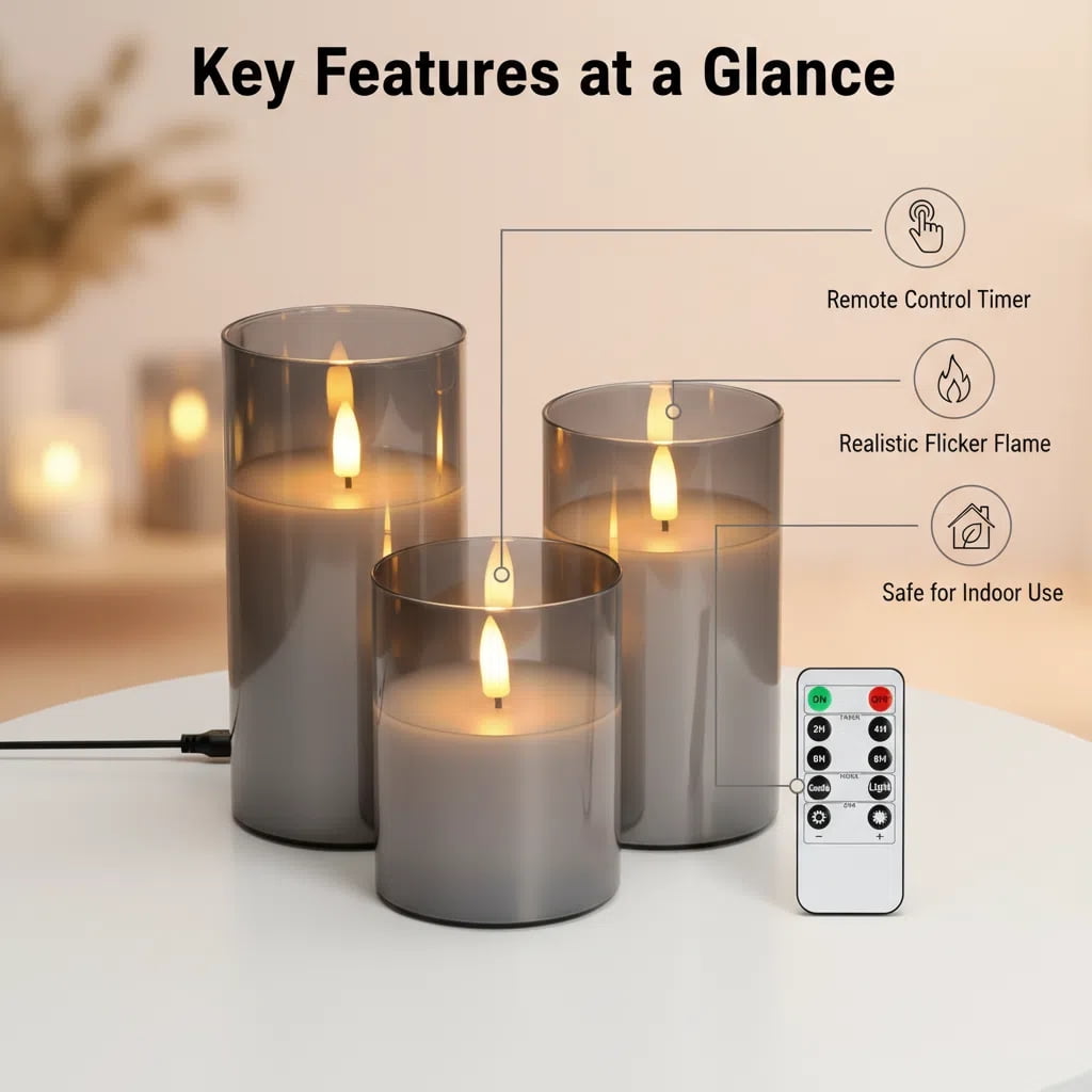 Goldprice Rechargeable Flameless Candle, LED Flickering Candles Tea Lights Pillar Candles Sets with Adjustable Brightness and Timing Remote, Battery Operated Acrylic USB Candles (D 3”×H 4”5”6”)