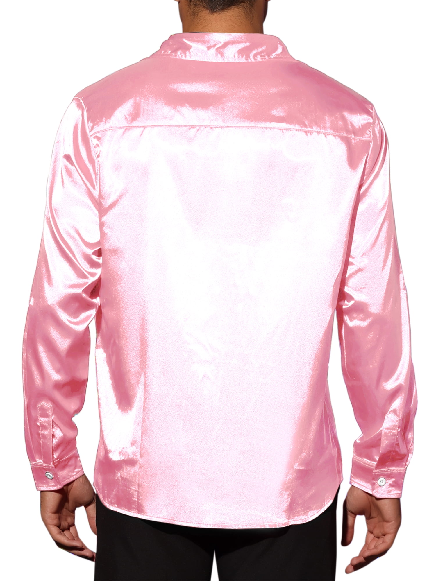 Unique Bargains Men's Satin V Neck Long Sleeves Button Down Prom Shirts L Pink