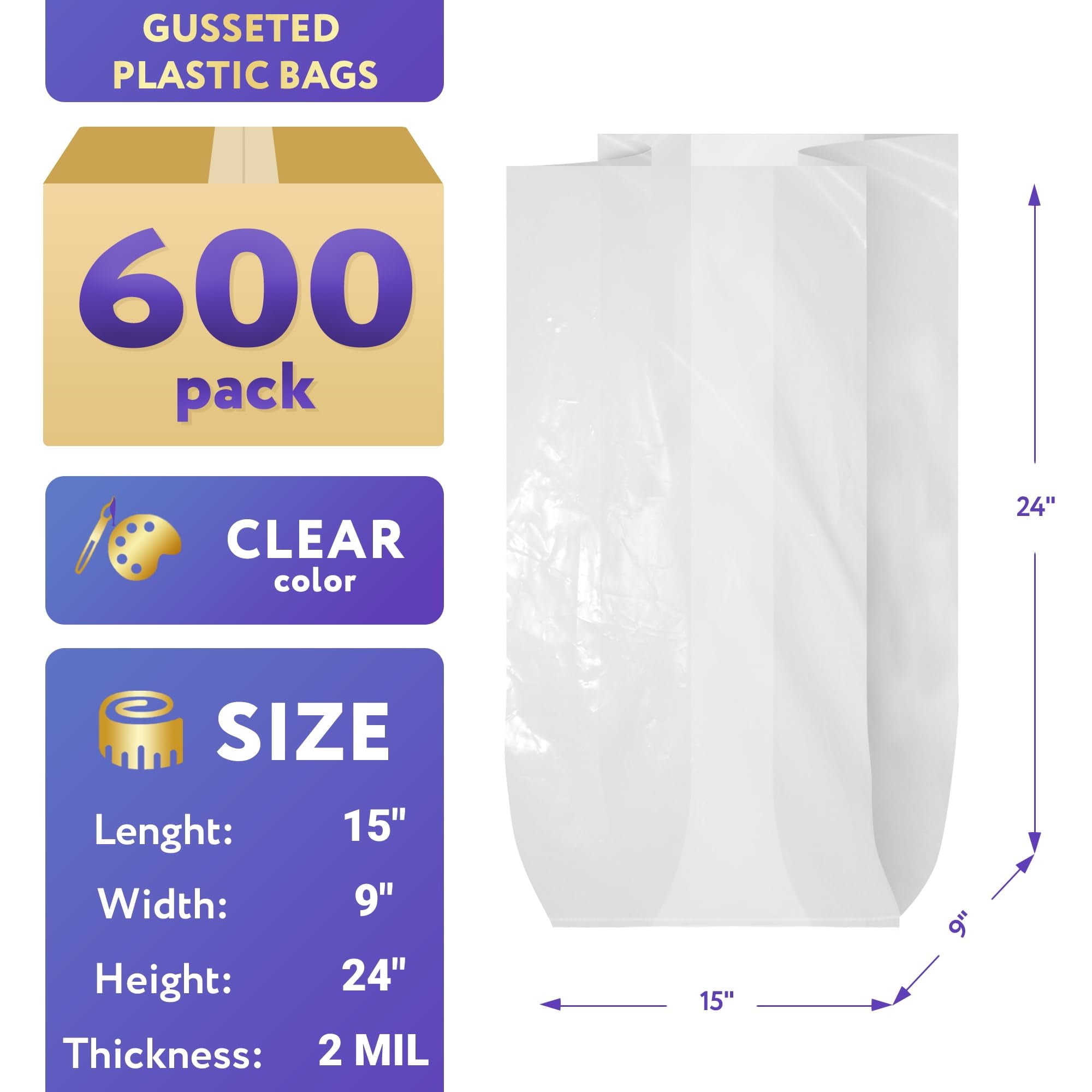 Clear Gusseted Plastic Food Bags, 2 Mil Thick Poly Produce Bags, 600 Count, 15 x 9 x 24 in