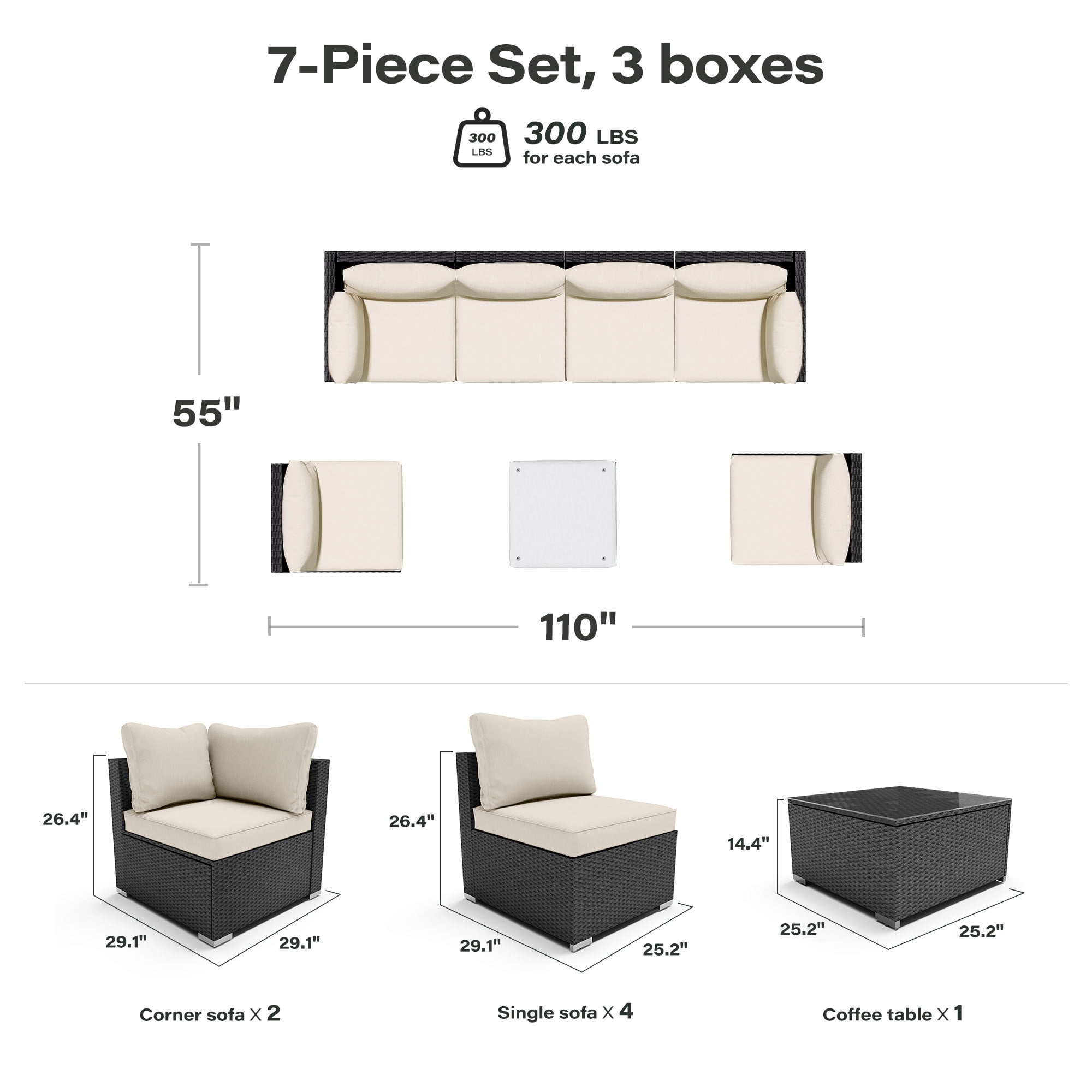 LAUSAINT HOME 7 Pieces Outdoor Furniture Set, Patio Sectional Conversation Set with 6 Chairs and 1 Coffee Table, Beige Cushions