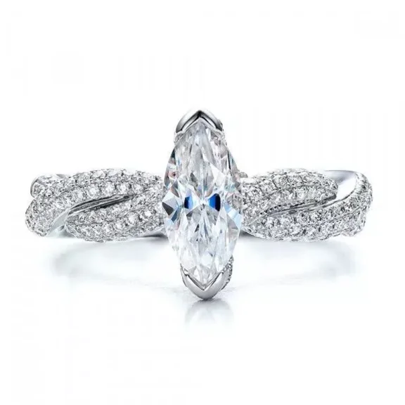 Spot Jewelry Marquise Cut 1.9 Ct Moissanite Ring - 14K White Gold Plated Ring for Women's - Twisted Moissanite Engagement Ring - Modern Engagement Ring - Gorgeous Anniversary Gift for Women's