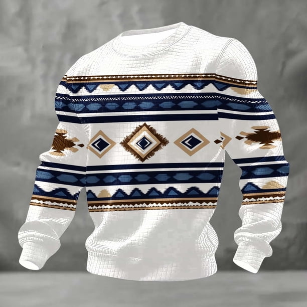 Ceisia Men's All-Season Casual Regular Fit Crew Neck Sweatshirt Navajo-Style Geometric Stripe Diamond Totem Print Waffle Knit Stretch Fabric Multicolor S Gifts