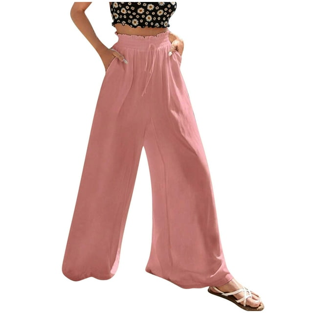RKSTN Womens Pants Spring Solid Color Elastic Waist Linen Versatile Straight Tube Casual Wide Leg Pants Loose Fitting Long Pants