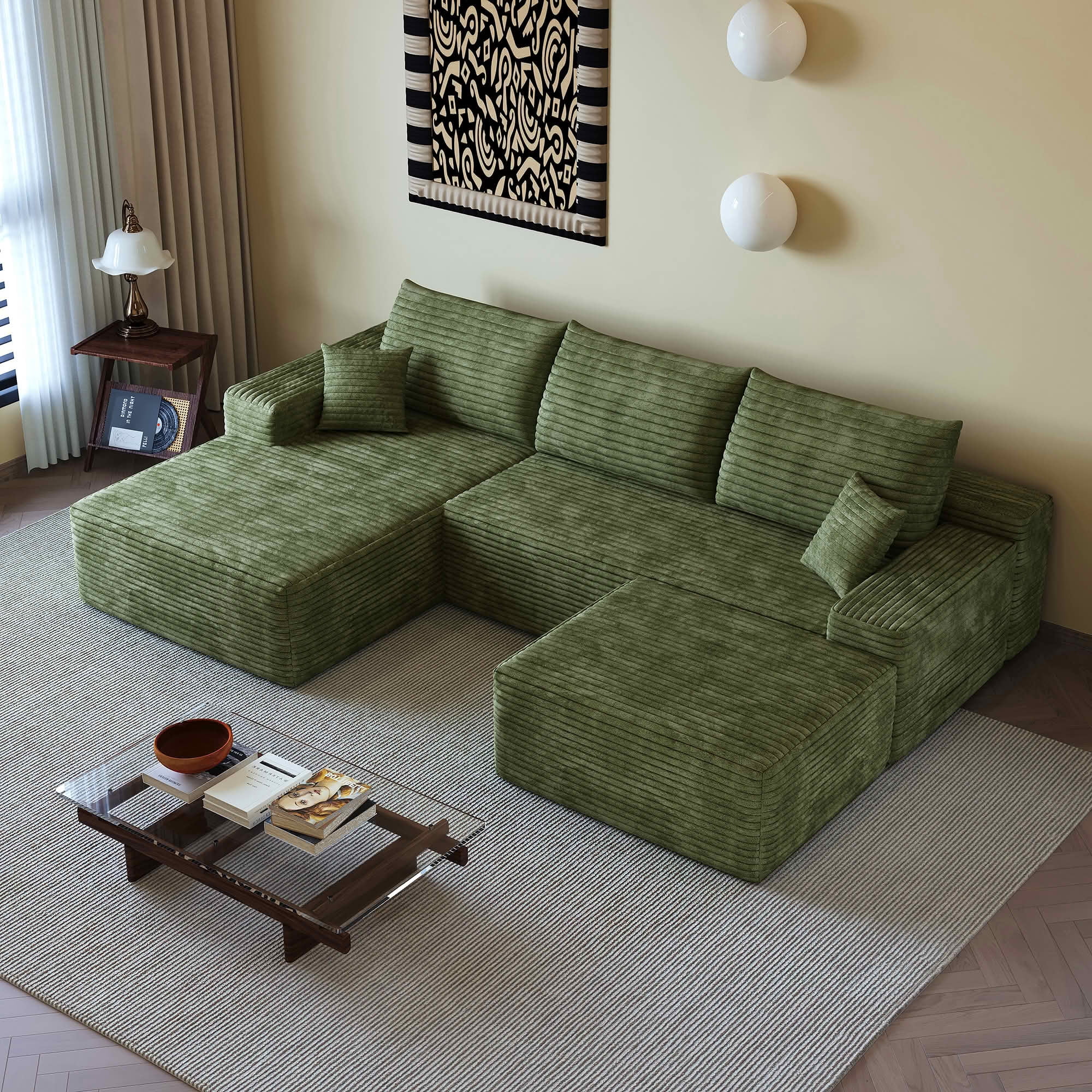 MAYEERTY 107 Inch U‑Shaped Cloud Modular Sectional Sofa with 1 Ottoman, Modern Deep‑Seat Corner Couch, Plush Corduroy Upholstery, No‑Assembly Reversible Chaise Sofa for Living Room Bedroom Apartment