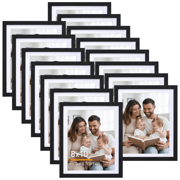 15 Pack 8x10 Wood Picture Frames, 9x11 Matted to 8x10 Tabletop or Wall Mounted Photo Frame, Black