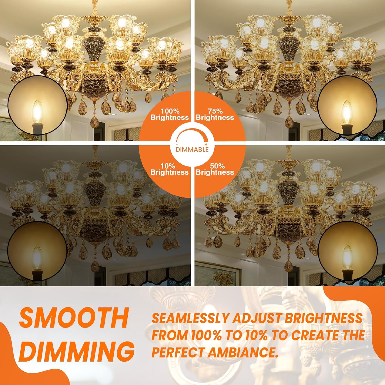 LED 6 Watts (60W Equivalent) 600 Lumens Candelabra Bulb Clear Filament, 2700K, Dimmable, E12 Base, CRI90, CETL Certified (2700k) 6 Pack)