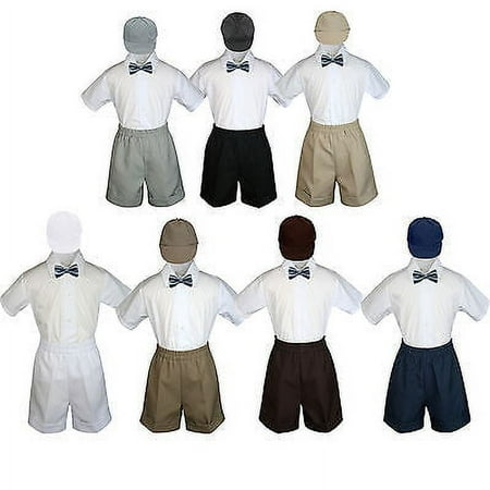 

4pc Set Boy Toddler Formal Dark Gray Bow Tie White Navy Khaki Shorts + Hat S-4T