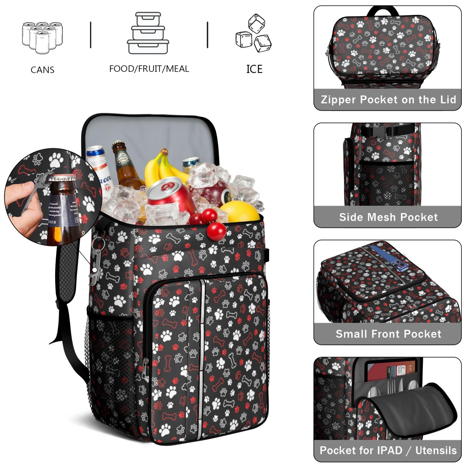 Travel Cooler Bag - Paw Prints and Bones Camping Beer Cooler Backpack with Bottle Opener- Waterproof Insulated Picnic Backpacks - Cooler Bag for Beach