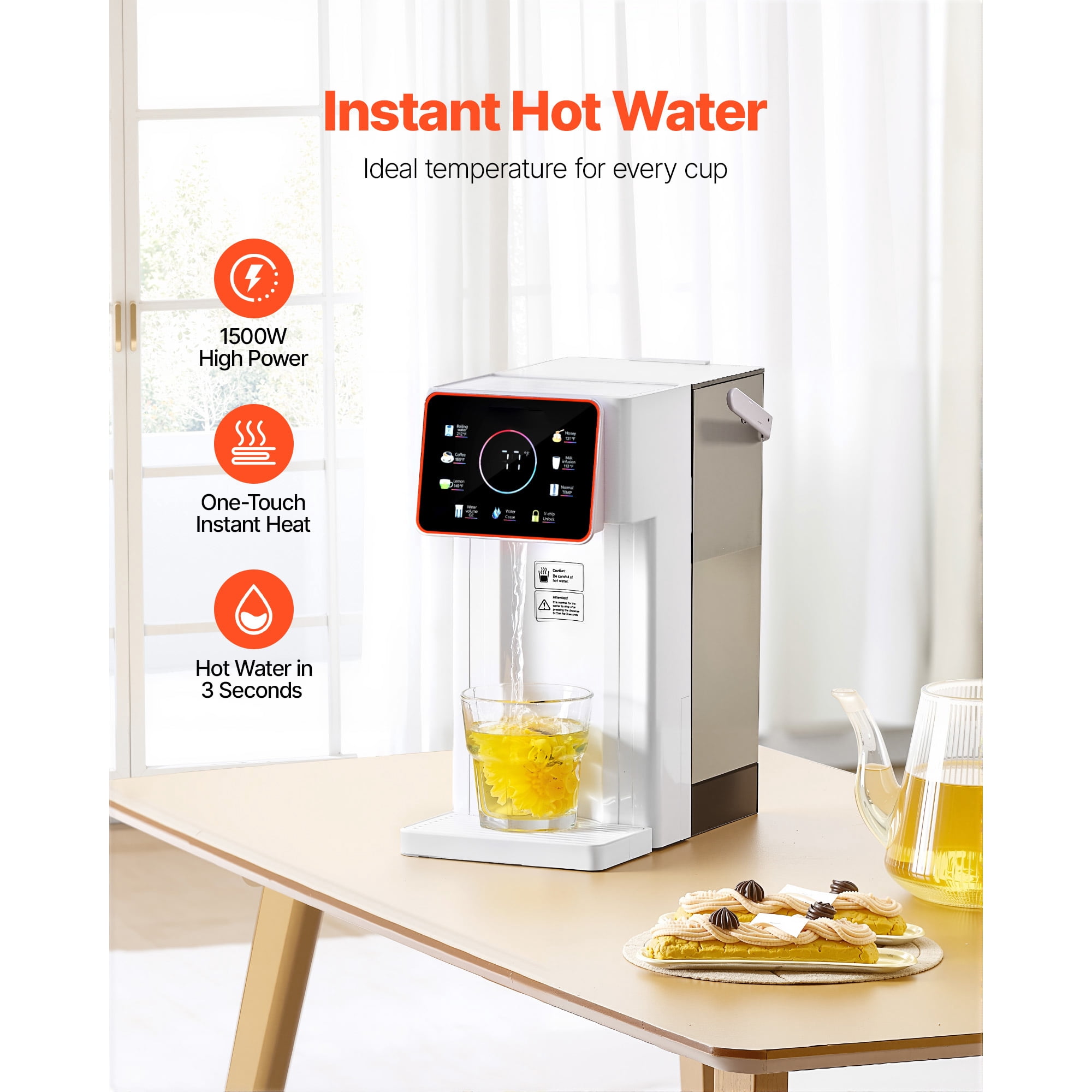 KFFKFF Countertop Instant Hot Water Dispenser with Adjustable Temperatures & Water Volumes, 101oz Detachable Tank, Rapid Heating, Touchscreen Control & Safety Lock for Home Use