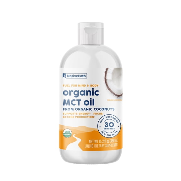 NativePath Organic MCT Oil Liquid, Pure C8 C10 from Coconut, 16 oz, 30 Servings