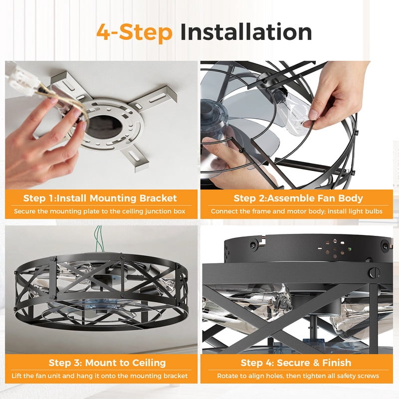 Gianna 19 Inch Ceiling Fans with Lights, Caged Ceiling Fan with Remote, Farmhouse Low Profile Fandelier, Flush Mount for Living Room Bedroom,6 Wind Speeds, Black