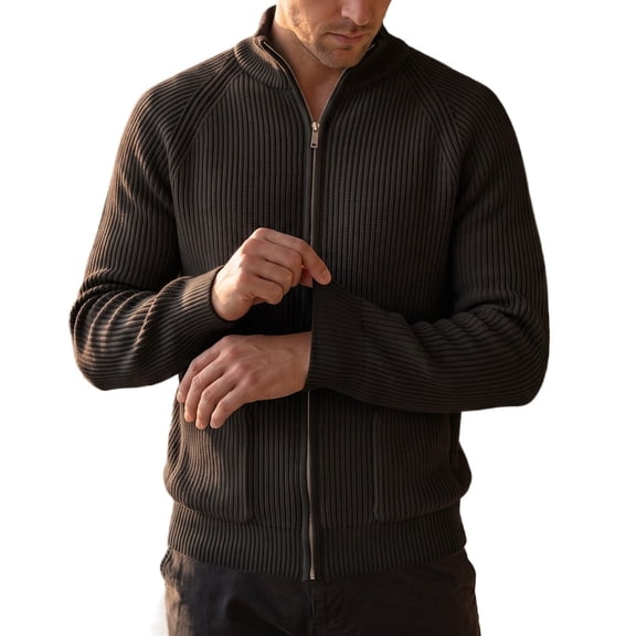 Men's Full Zip Knit Cardigan Sweater,Autumn Winter Ribbed Knit Stand Collar Warm Jacket Outerwear