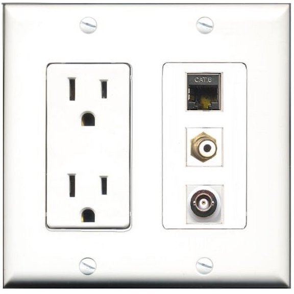 RiteAV - 15 Amp Power Outlet 1 Port RCA White 1 Port Shielded Cat6 Ethernet Ethernet 1 Port BNC Decorative Wall Plate