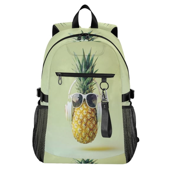 Full‑Print Casual Laptop Backpack, 20L Water‑Resistant Twill Tote Daypack with 14 Inch Computer Compartment for School Business Travel Pineapple Glasses