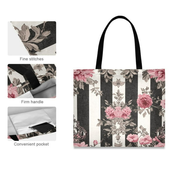 Canvas Tote Bag for Women Girls Design Print Black White Stripes Pink Roses Tote