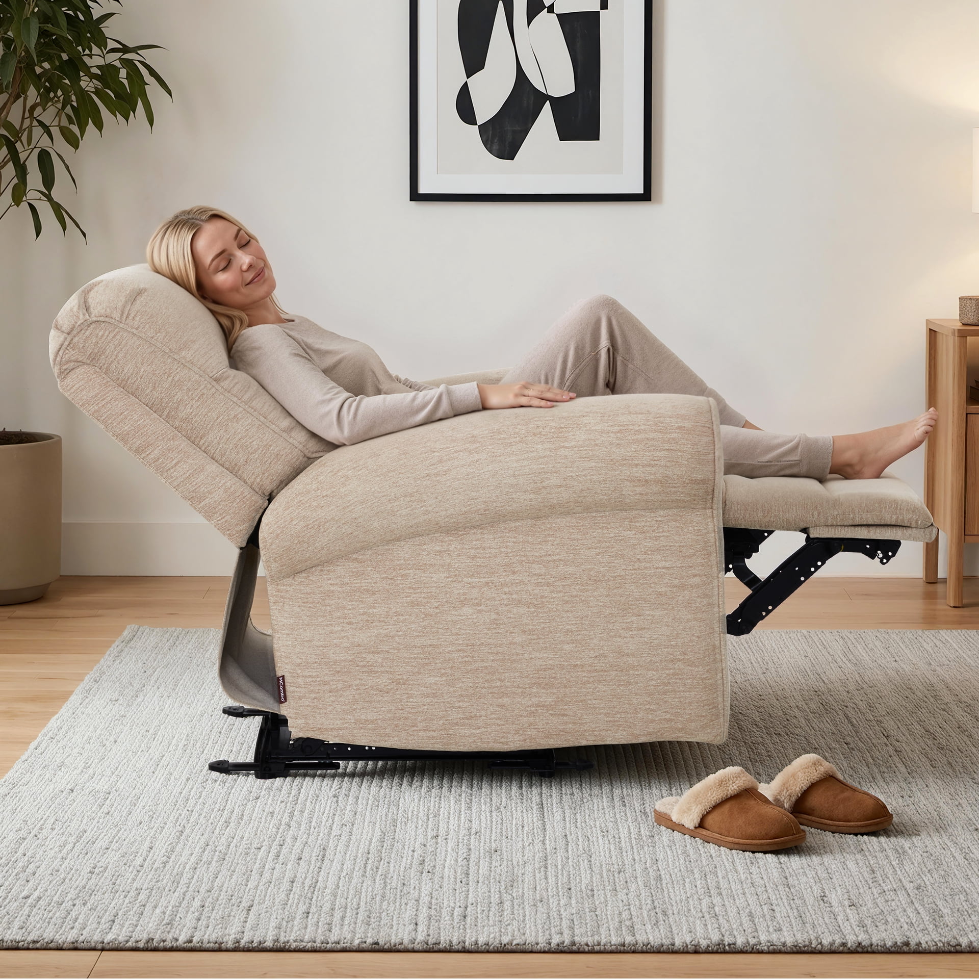 MCombo Small Wall Hugger Power Recliner Chair for Small Space RV Living Room, , Modern Roll Arm Recliner, Fabric, Beige