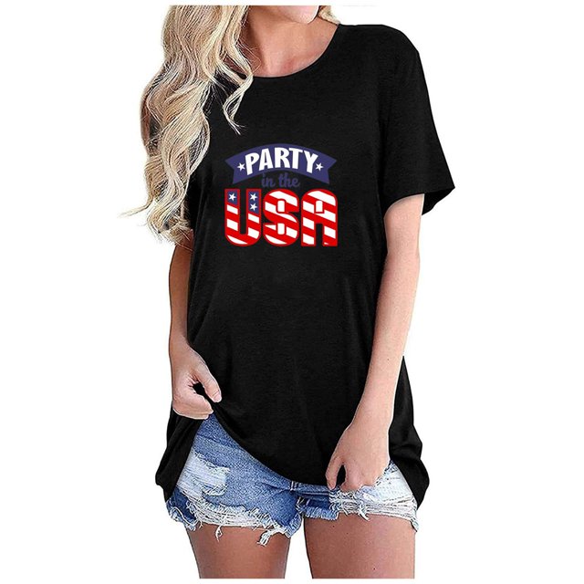 Tops Cortos para Mujeres Bandera de Moda Impresa Cuello Redondo, Camiseta de Manga 3/4 para Uso Diario, Casero Y Cómodo