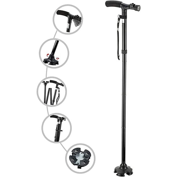 Bastón plegable con luz LED, bastones ajustables para hombres y mujeres, bastón para personas mayores con mango en T acolchado y pivotante.